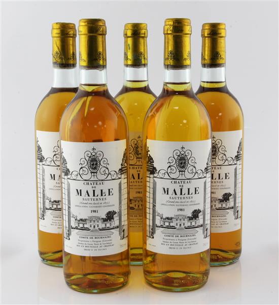 Five bottles of Chateau de Malle Grand Cru Classe 1981, Sauternes,